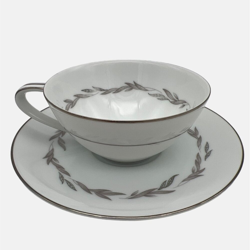 Vintage Noritake Graywood Round Flat Cup & Saucer Platinum Trim 6041 Japan 2"
